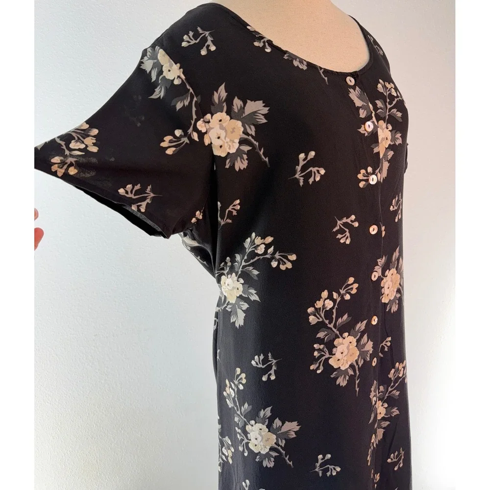 Vintage 90s Valerie Stevens Pure Silk Black Floral Mini Dress Button Front 8 - Picture 4 of 8
